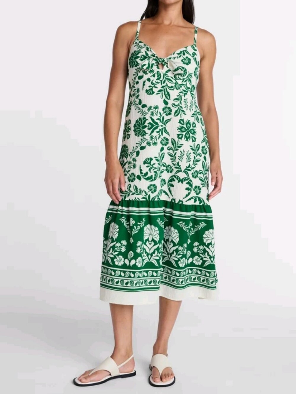 Time and Tru Women's Size S (4-6) Tie Bodice Strappy Midi Dress NWT Green Notes